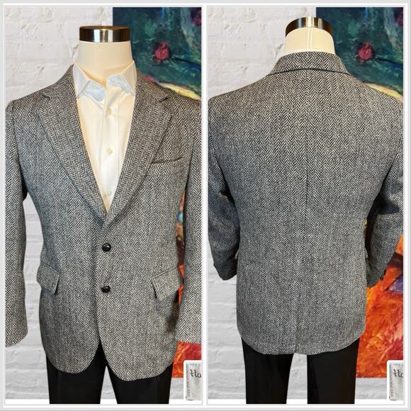Vintage Harris Tweed 40S Black Handwoven Scottish Wool Unstructured Sport Coat - Picture 6 of 13